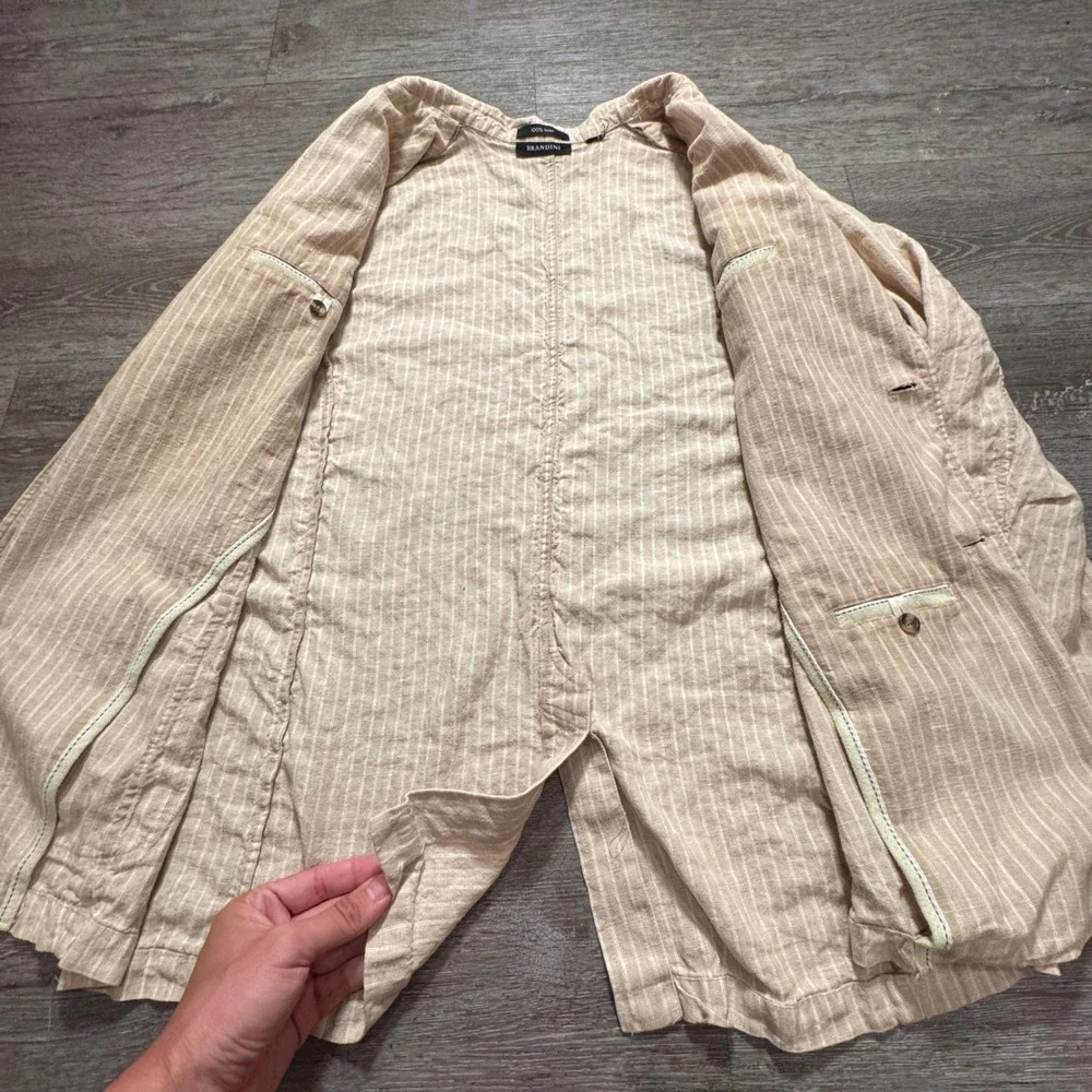 Brandini Sport Coat Mens 46 Beige Pinstripe 100% Linen Unstructured Blazer Adult